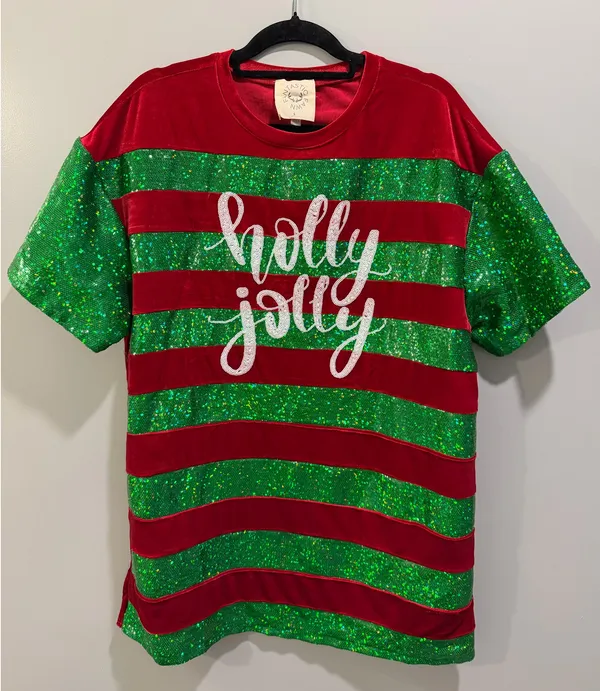 Fantastic Fawn Holly Jolly Striped Sequin Christmas Festive Oversized Top / Dress Red Green - Image 2