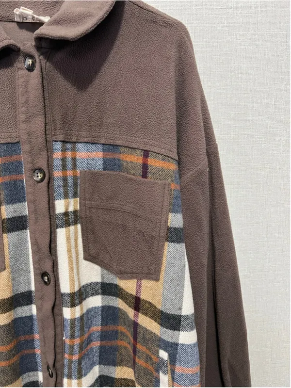 BIBI Brown Plaid Fleece Button Front Flannel Shacket With Chest Pockets Size M - Image 3