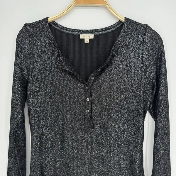 Anthropologie Pilcro Andie Ribbed Spotlight Henley Small Black Metallic Long Sleeve Goth Party - Image 5