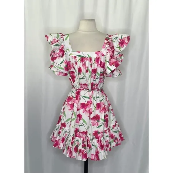 MISA Los Angeles Selma Floral Dress Ruffled A-Line Mini White Pink X-Small - Image 9