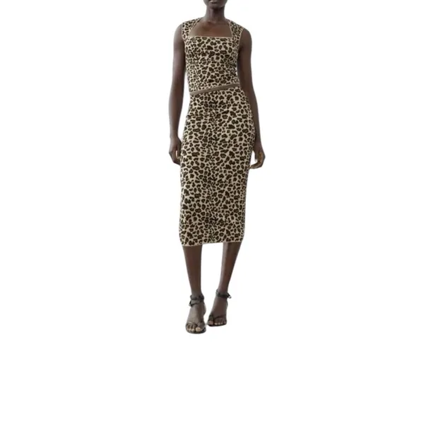 Zara Leopard 2PC Sweater Set Tank Pencil MIDI Skirt M Brown Black Animal Print - Image 2