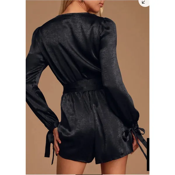 Lulus Moments of Love Black Satin Romper SzXL/14 NWT - Image 2