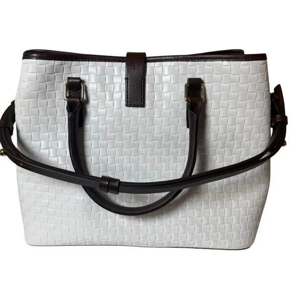 DOONEY & BOURKE Woven Leather Embossed Satchel Bag White Brown Trim Quiet Luxury - Image 4