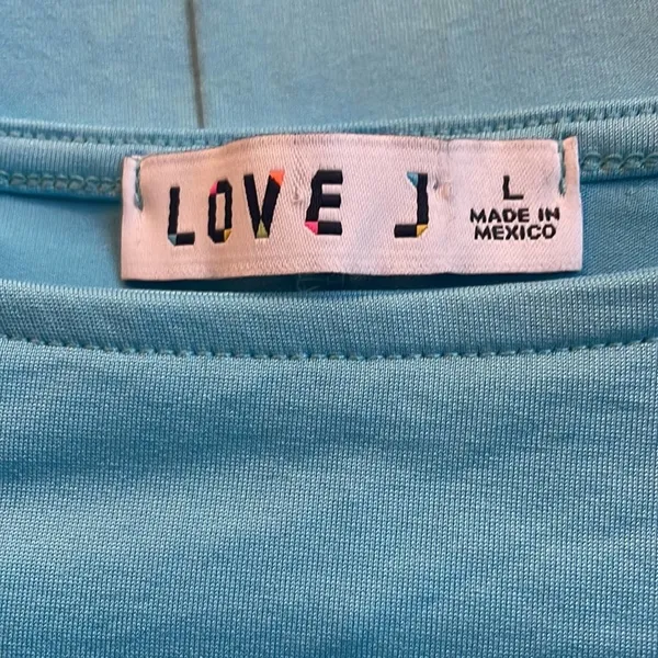 Love J Blue Silky Batwing Stretchy Crop Top Large 70s Aqua Loud Colorful - Image 2