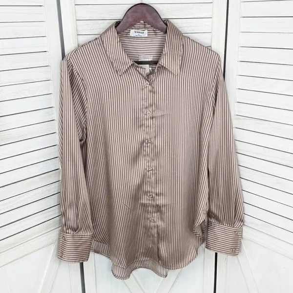 The Workshop Satin Pinstripe Oversized Button Up Shirt Mocha Medium Boyfriend‎ - Image 10