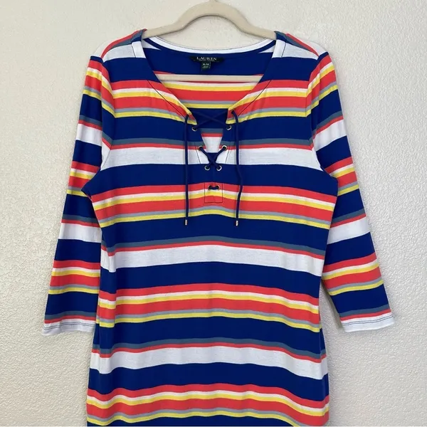 Lauren Ralph Lauren Multi Striped Lace Up 3/4 Sleeves Midi Dress, Size XL - Image 3