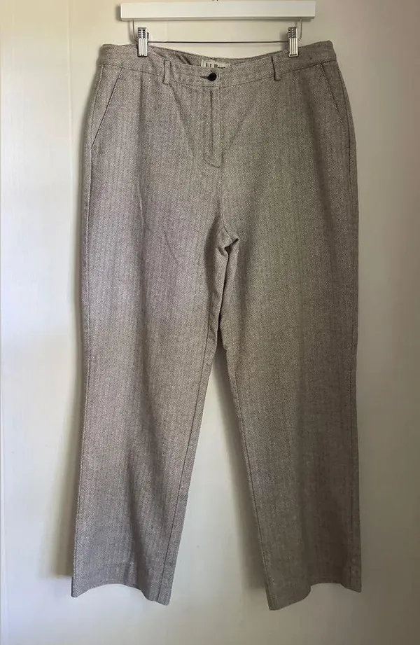 LL Bean Classic Fit Herringbone Pants Tan Womens 14 Flat Front Trousers Straight - Image 2