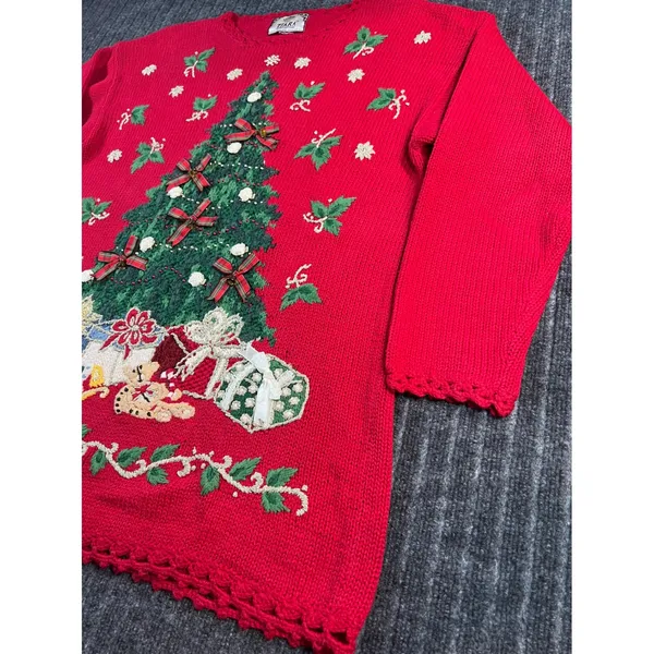 Vintage 90s Christmas Sweater TIARA Women L Red Tree Embroidered‎ Embellished - Image 9