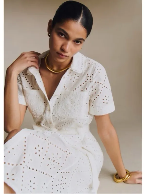 Sezane Adele Short Sleeve Embroidered Midi Dress Eyelet Collar Ecru FR 36 US 4 - Image 5