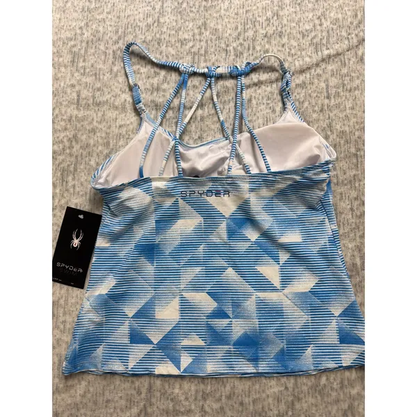 Spyder Swim Womens Blue White Geometric Strappy Tankini Top Only Builtin Bra NEW - Image 4