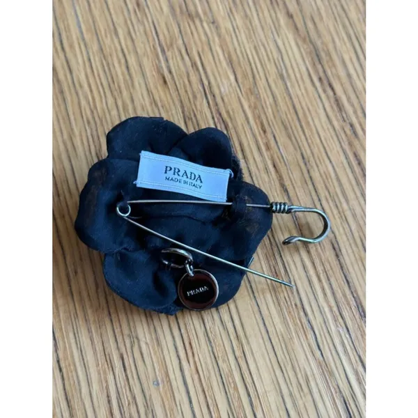 Prada Black Beaded Fabric Flower Brooch Pin, EUC - Image 4