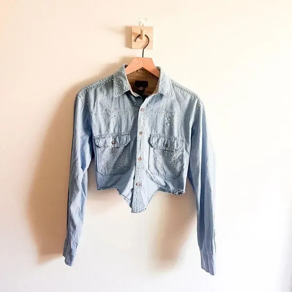 Vintage Faded Glory Originals Bedazzled Chambray Button Down Size S - Image 4