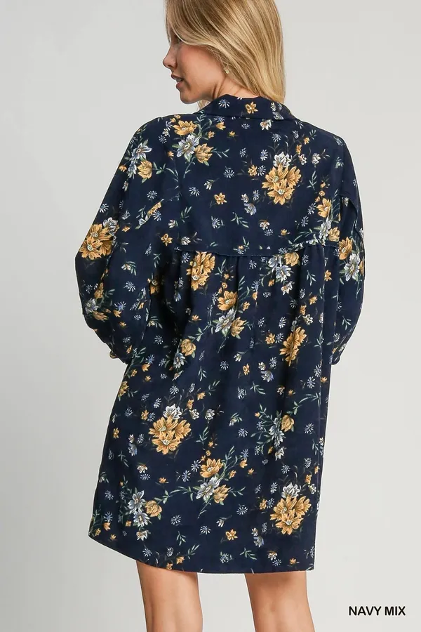 Umgee Floral Detail Collared V-Neck Corduroy Balloon Sleeve Dress Navy - Image 2