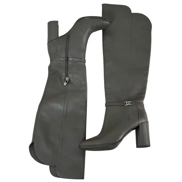 Antonio Melani‎ Grey Leather Over The Knee Mob Wife Boots 6M Chunky Heel Matrix - Image 2