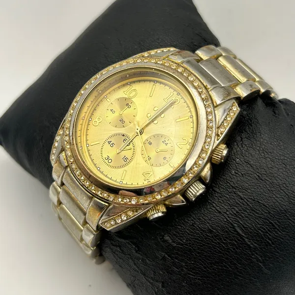 Women's Two Tone Gold Silver Crystal Bezel Chronograph Dial Watch Working - Image 2