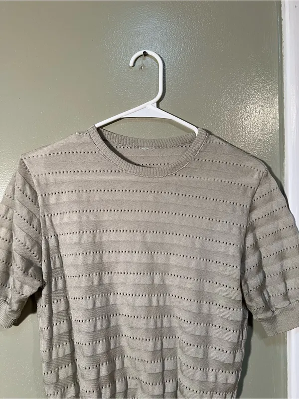 Women's Crewneck Short Sleeve Sweater Beige Pointelle Striped‎ Knit Ribbed Hem - Image 3