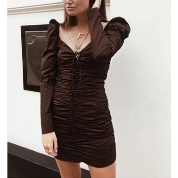 🔥5/$25 sale🔥 Zara Brown Long Sleeve Puff Sleeve ruched Body con Dress Size S - Image 3