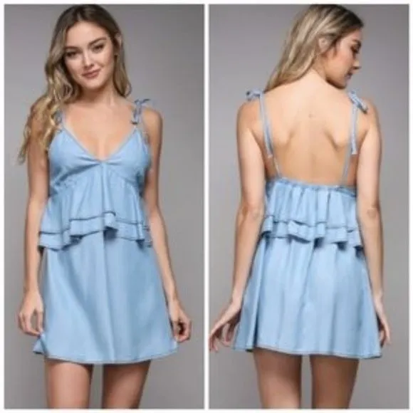 DO+BE Chambray Mini Dress Womens M Blue Tie Strap Ruffle Layered Boho Soft Girl - Image 2