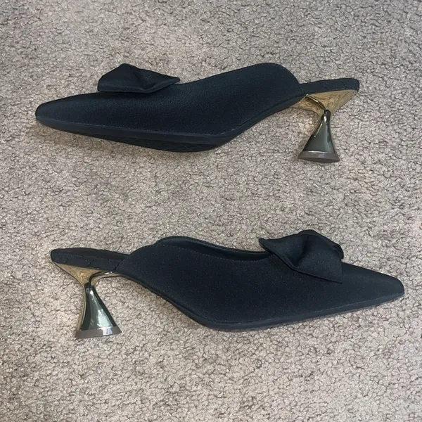 Aerosoles Juju Pointed Toe Mule Bow Gold Metallic Heel‎ Black Fabric 11 - Image 6