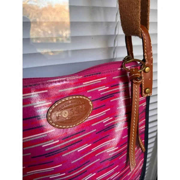 Fossil Keyper Crossbody Bag Fuchsia and Berry Striped Pattern Canvas - Image 10