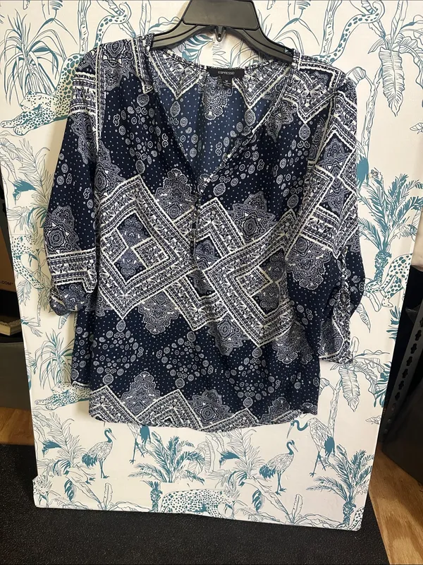 Espresso Navy and White Printed Peasant Blouse Blue Size M - Image 6