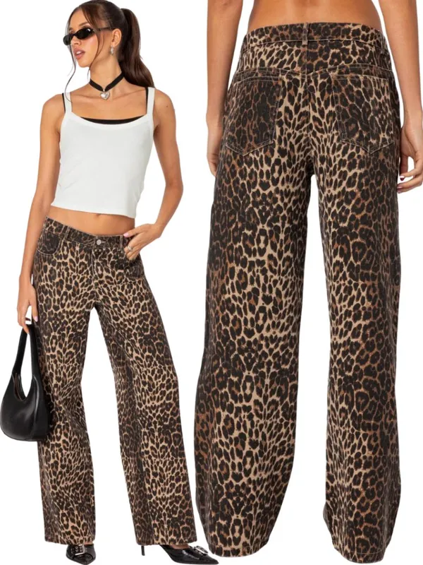Edikted Leopard Printed Low Rise Baggy Jeans Women's XS Festival Fun Bold Trendy - Image 2
