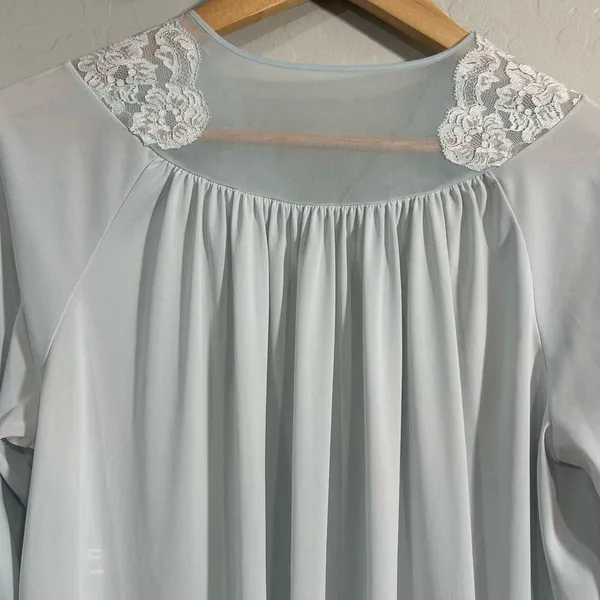 Vintage Shadowline Baby Blue Lace Trim Nylon Robe Small Long Grannycore Lingerie - Image 11
