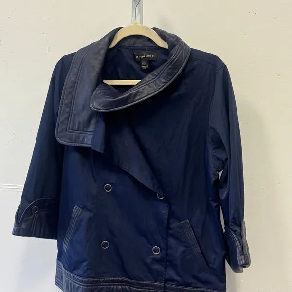 Bagatelle Navy Blue Leather Trim Double Breasted Jacket Style Women's Large‎ - Image 4