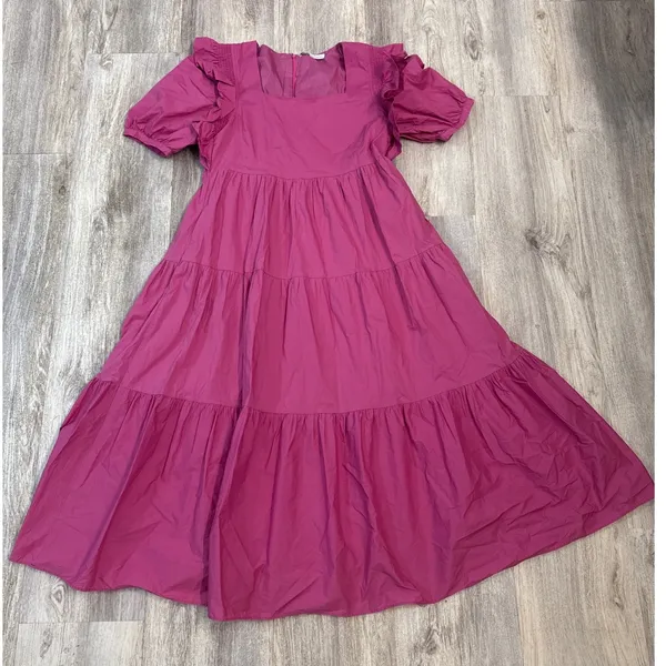 English Factory Magenta Pink Tiered‎ Midi Dress Ruffle Puff Sleeve Square Neck - Image 2