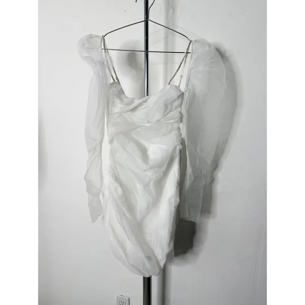 The Bar Twist Front Mesh Mini Dress White Rhinestone Straps Cutout 2 - Image 5