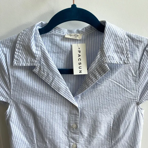 John Galt Button Up Shirt Womens One Size Blue White Striped Seersucker Preppy - Image 5