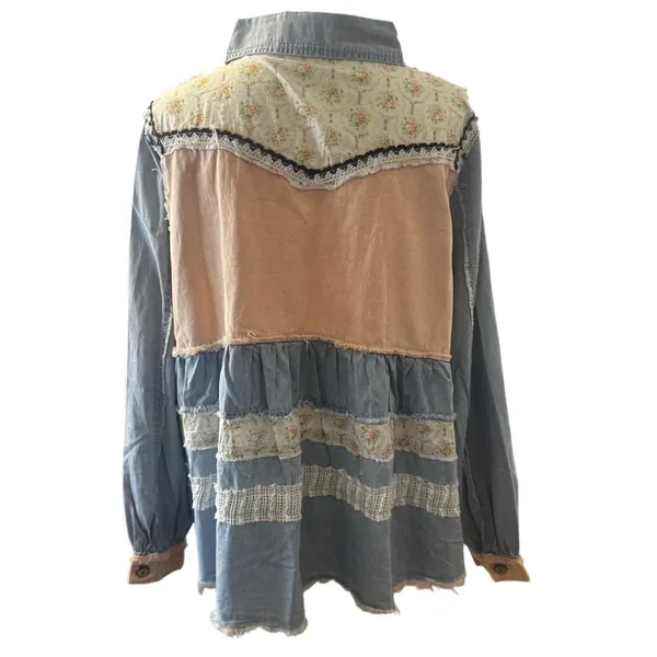 POL Patchwork Lace Tiered Denim Shacket Shirt Jacket Large Boho Cottagecore - Image 4