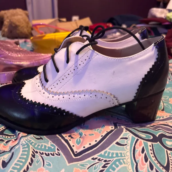 Block Heel Shoes Womens 38 Black White Lace Up Wingtip Oxford Retro Rockabilly - Image 4