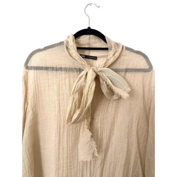 ZARA Tie Neckline Semi‎ Sheer Blouse Cream Small - Image 4