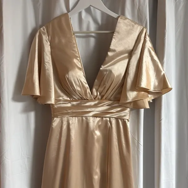 Hebeos‎ Champagne Flutter Sleeve Bridesmaids Dress D41 - Image 3