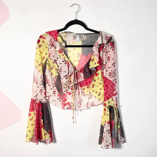Urban Outfitters Bell Sleeve Top Sz Small Patchwork Boho Festival‎ - Image 2
