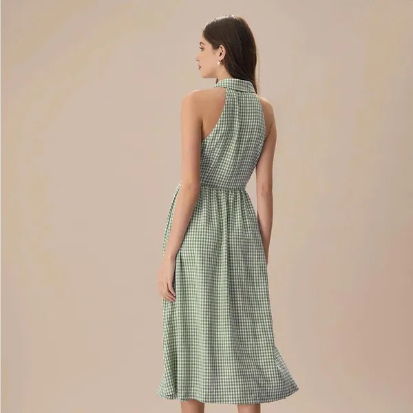 RIHOAS The Green Lapel Plaid Sleeveless Shirt Midi Dress XS - Image 3
