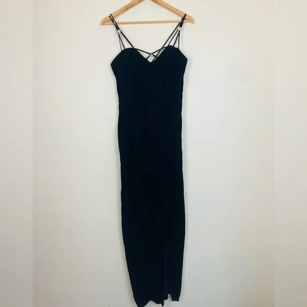 Vintage 90s Y2K strappy back velvet column dress with front slit. - Image 6