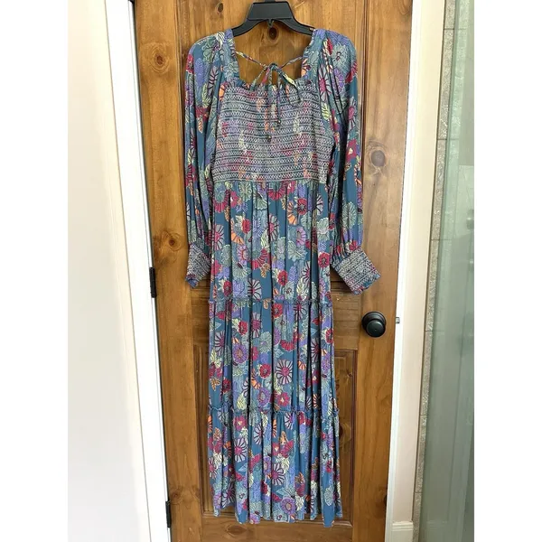 Gypsy Love Maxi Dress Med Tiered Balloon Sleeve Smocked Floral Mod Boho Peasant - Image 3