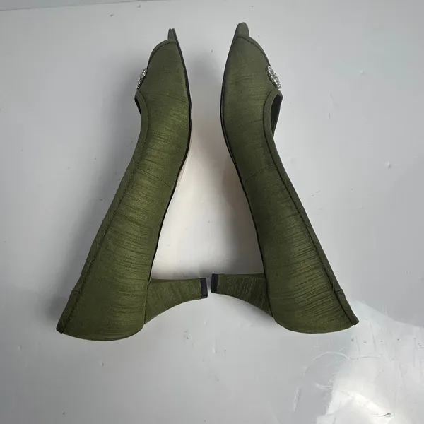 Coldwater Creek Olive Green Rhinestone Bow Peep Toe Kitten Heel Pumps 9M - Image 7
