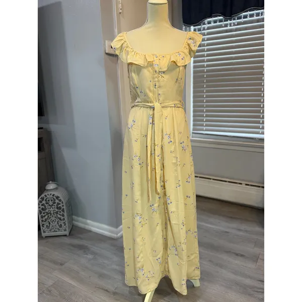 IRIS Yellow Floral Ruffle Maxi Dress Cottagecore Boho Button Front Tie Waist L - Image 3