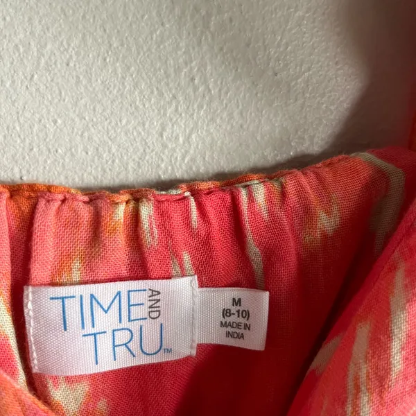 Time and Tru Flutter Sleeve Midi Dress Pink Orange Tie Dye Size M Pockets - Image 5