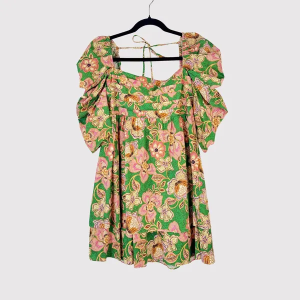 Misa Dress Green Kate Mini Ruched Puffed Floral Pintuck Tie Back A Line Boho XS - Image 2