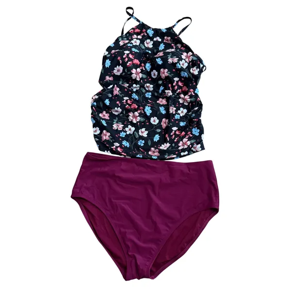 Tempt Me Floral Tankini‎ Top & Kathy Ireland High Waist Bottoms Set XL Purple - Image 2