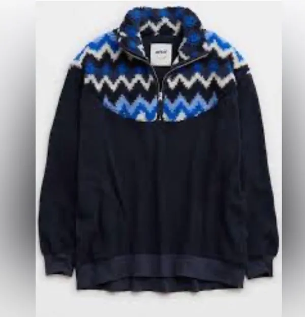 Aerie Hometown Holiday Blue Sherpa Quarter Zip Sweatshirt XL - Image 3