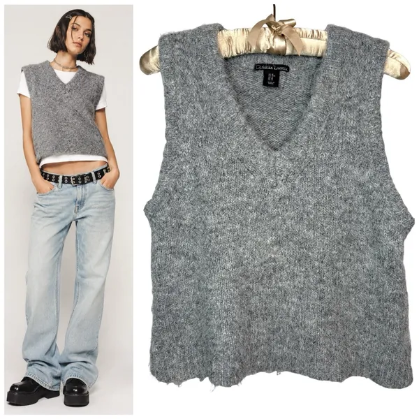 Christian Lacroix Sweater Vest Medium Fuzzy Wool Blend Gray Layering‎ Crop Boxy - Image 2
