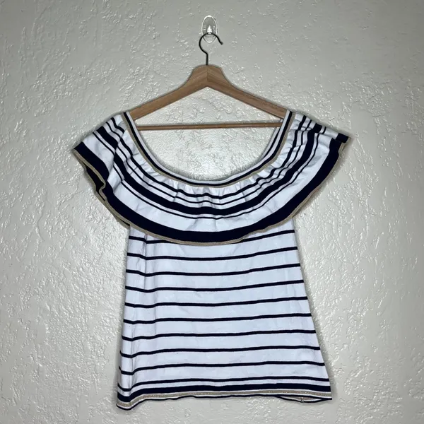 Lilly Pulitzer Perelle‎ Off Shoulder Stripe Ruffle Sweater Top Navy Gold Large - Image 2