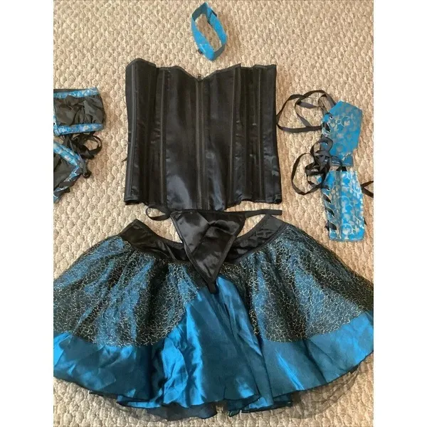 Black Corset Size Small, Skirt, Arm Bands, Wrist Bands, Choker, & Thong. New. - Image 2