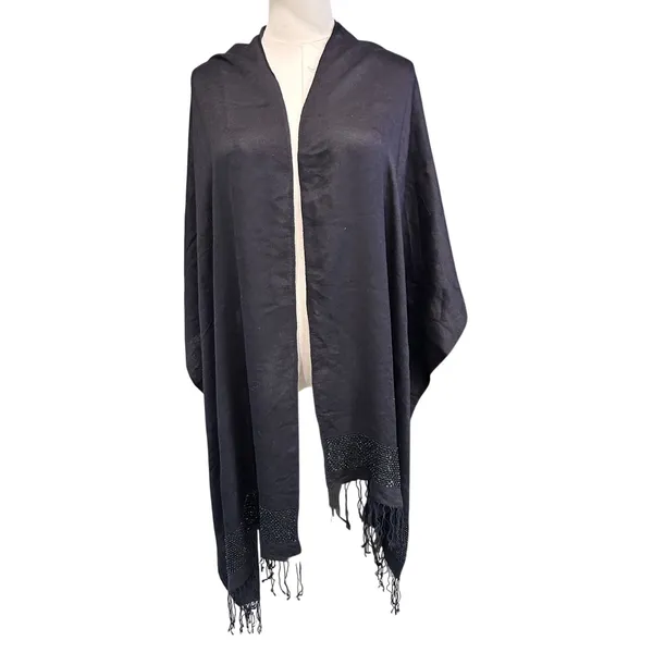 Scarf Black Hand Beaded Accent Border Fringe Shawl Formal Y2K Whimsy Goth Boho - Image 2