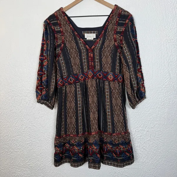 Anthropologie Embroidered 3/4 Length Puff Sleeves Tunic Dress Boho Size XS - Image 2